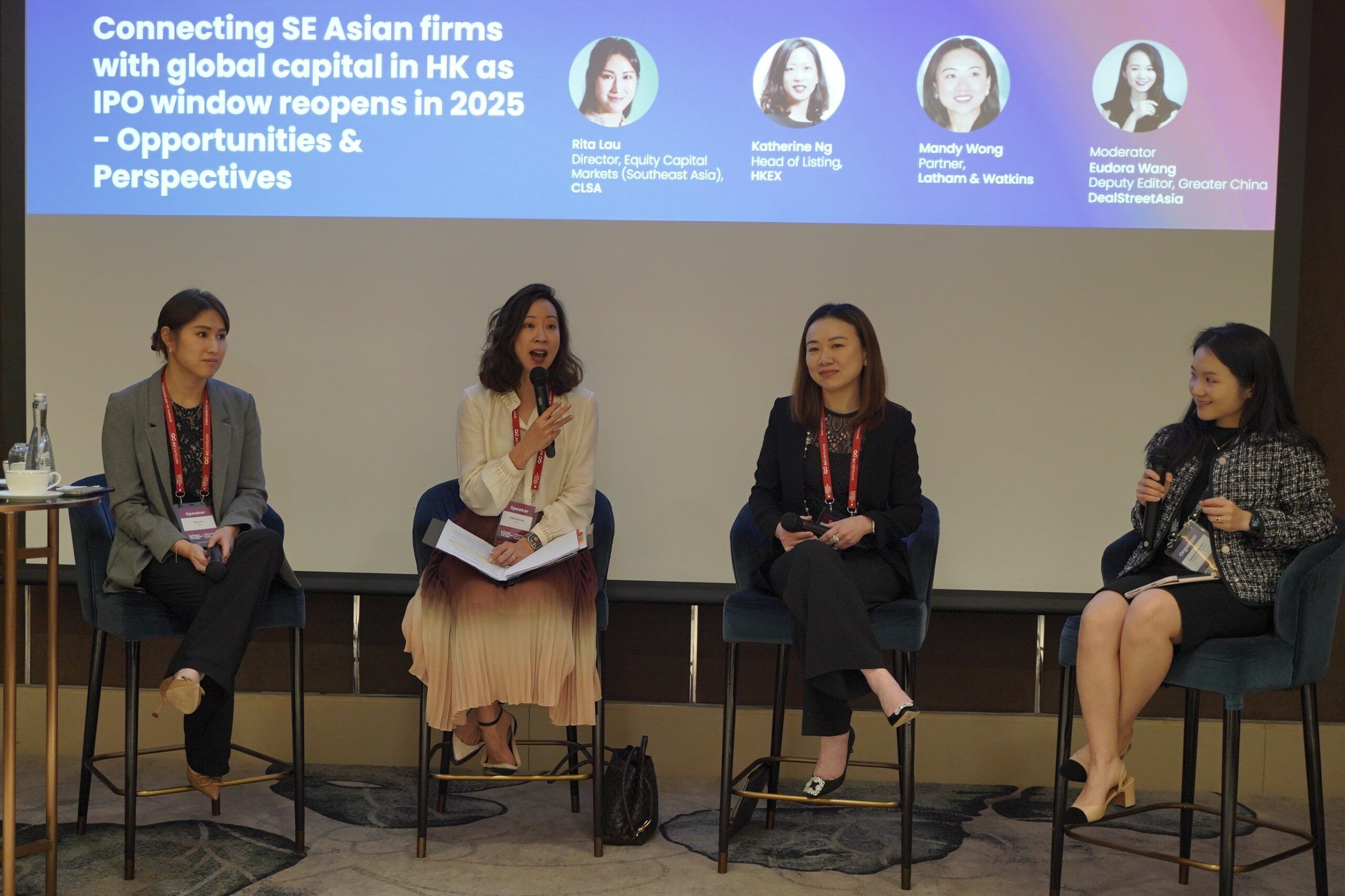 Left to right: Rita Lau (Director, Equity Capital Markets - Southeast Asia, CLSA), Katherine Ng (Head of Listing, HKEX), Mandy Wong (Partner, Latham & Watkins), Eudora Wang - Moderator (Deputy Editor, Greater China, DealStreet Asia)
